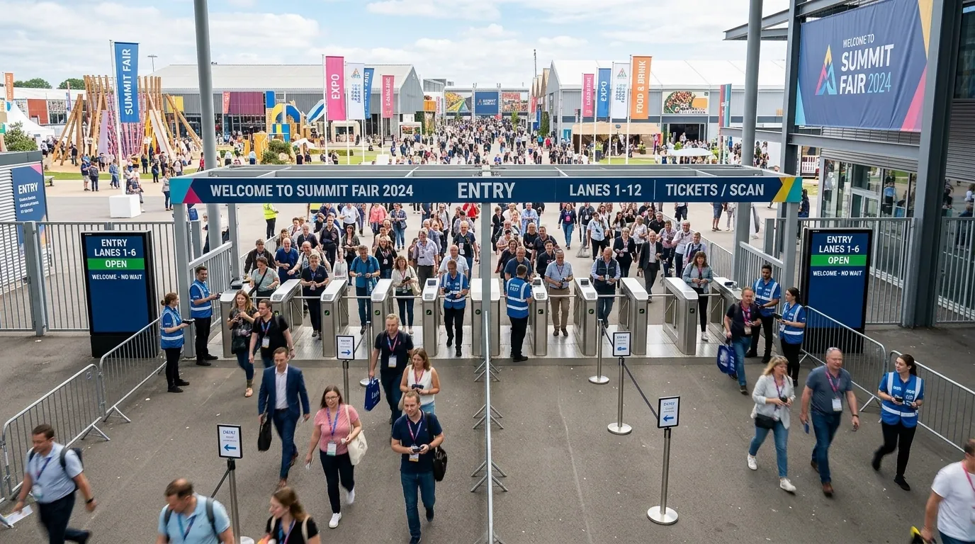 A wide shot of a busy but organized entrance at a large event or fair. People are moving quickly and smoothly through the gates.