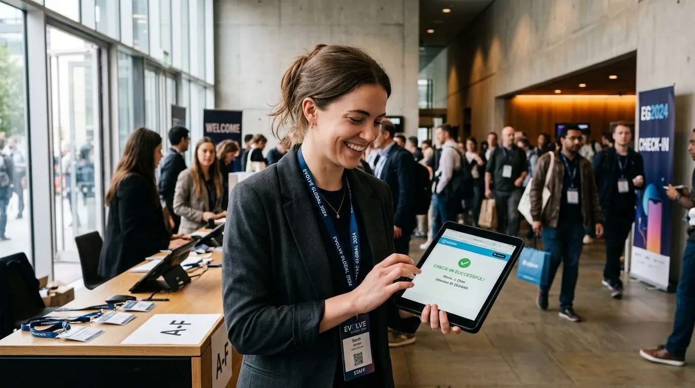 An authentic high-quality photograph of a real event organizer at a live check-in area, looking at a tablet with a successful check-in screen. Natural expression, realistic hands and face, and a polished but believable event atmosphere in the background.