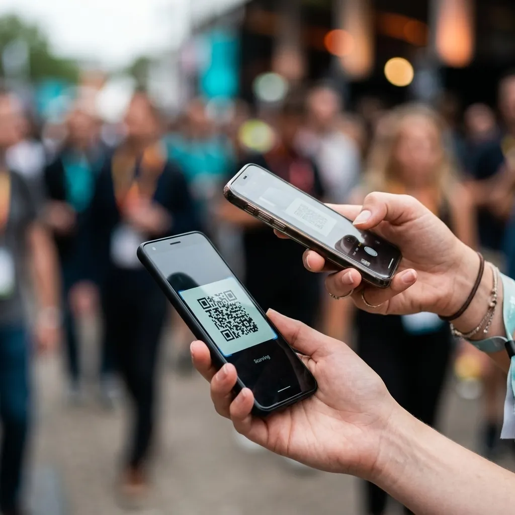 A realistic photograph of one person using a smartphone to scan a QR code ticket displayed on another person's smartphone at a busy event entrance. The two phones are in sharp focus, with a professional, fast-paced atmosphere and a softly blurred crowd in the background.