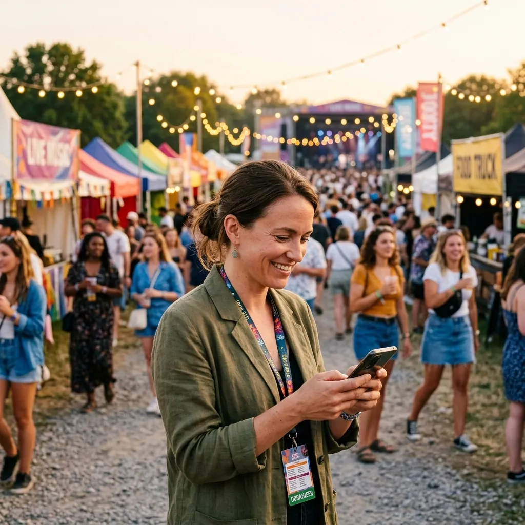 A high-quality realistic photograph of a happy event organizer at a lively outdoor festival venue during golden hour, holding and looking at a smartphone with a natural satisfied expression. Festival tents, string lights, and a softly blurred crowd in the background create an authentic live-event feel.