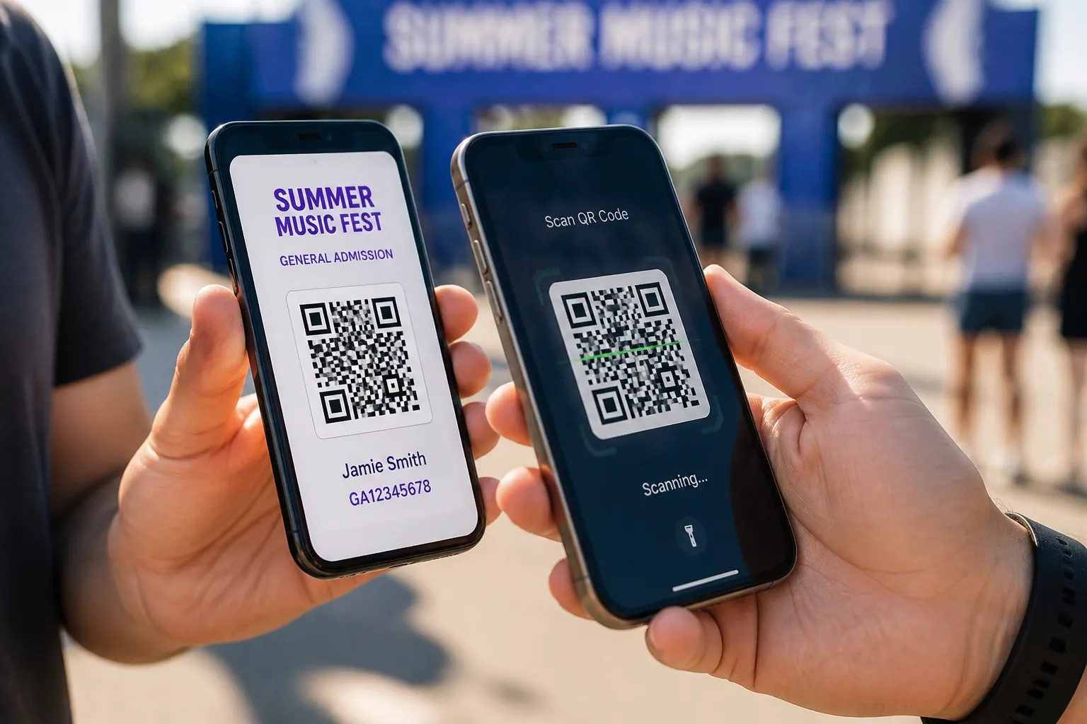 A close-up photograph of a modern smartphone scanning a QR code displayed on another smartphone.