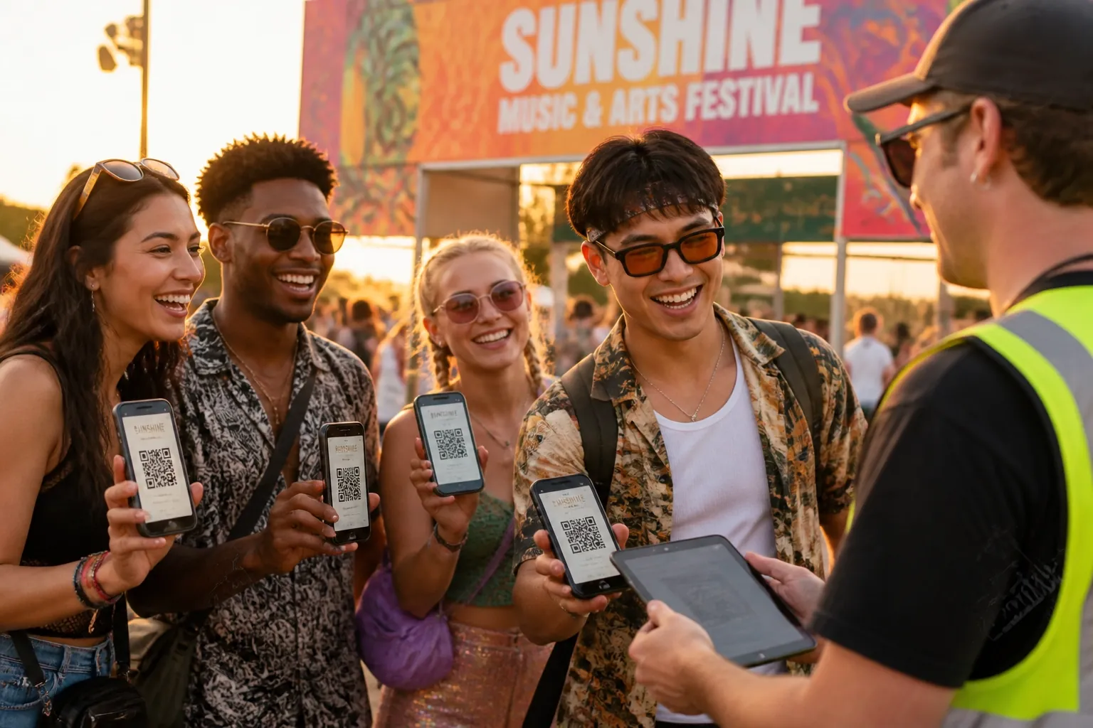 A candid photograph of a diverse group of friends at a festival entrance, laughing and holding up their smartphones.