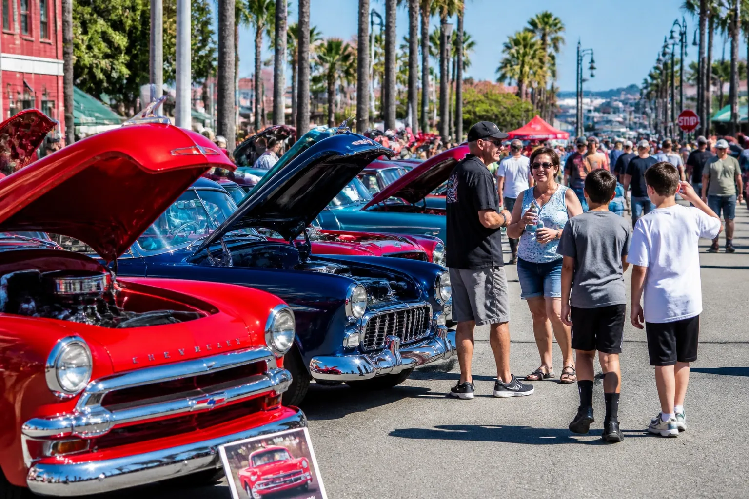 A sunny outdoor car show with rows of vintage cars and people enjoying the event