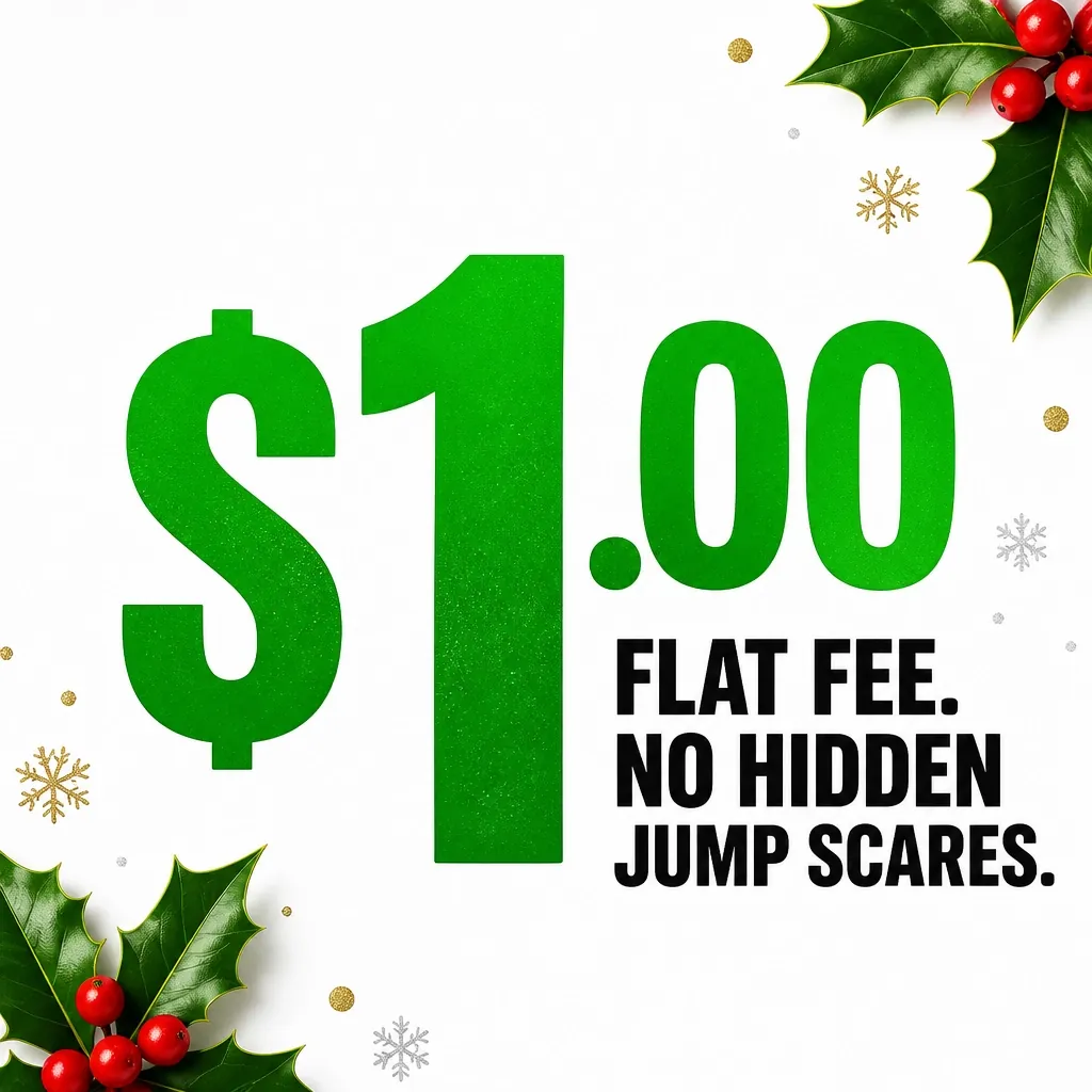 A bold graphic showing a $1.00 flat fee with the text