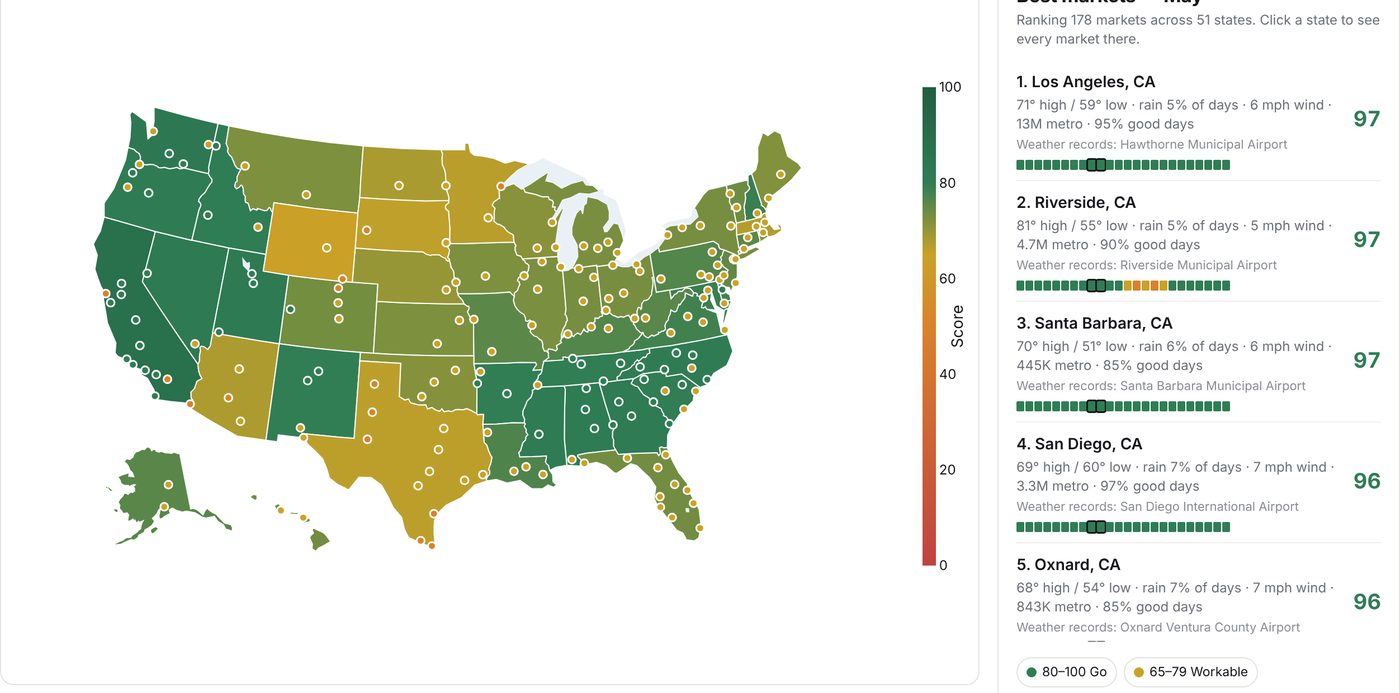 Weather Prediction map ranking U.S. markets for May